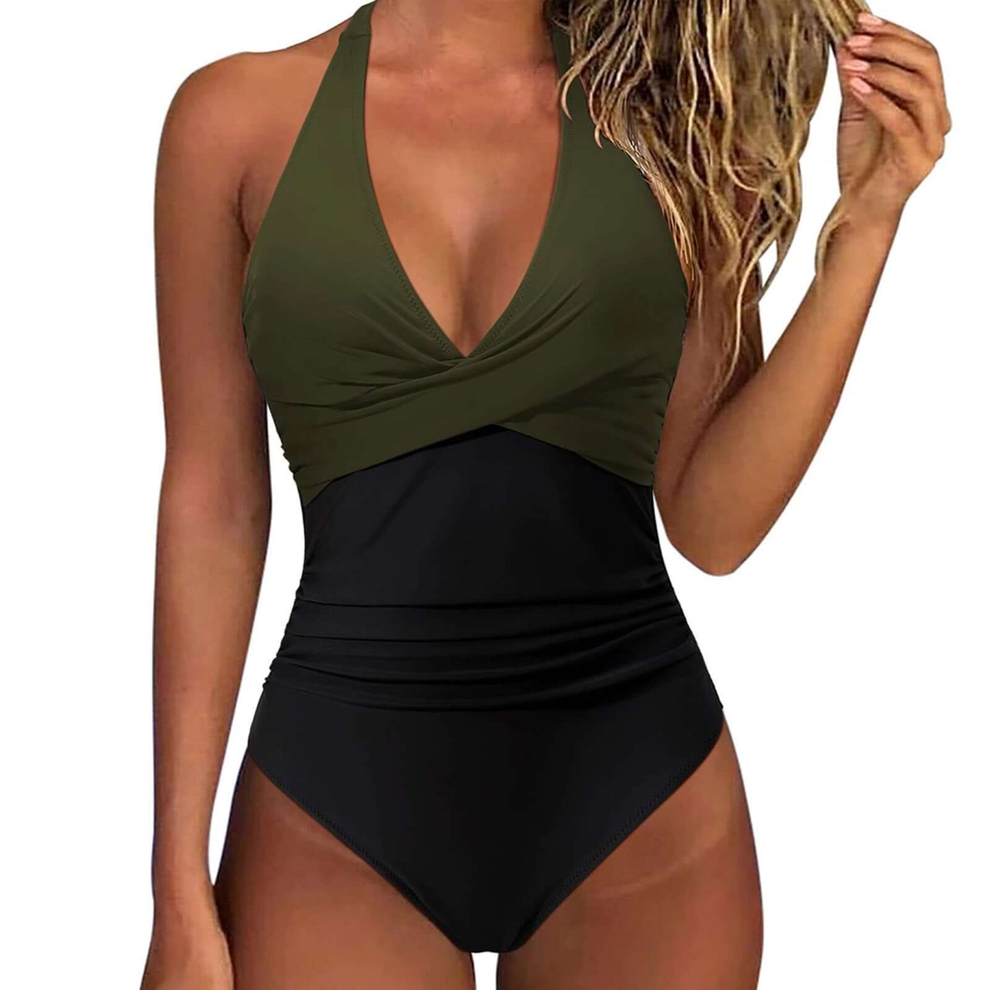 Women's sexy backless swimsuit in olive green and black, featuring a high-waisted, tight-fitting design.