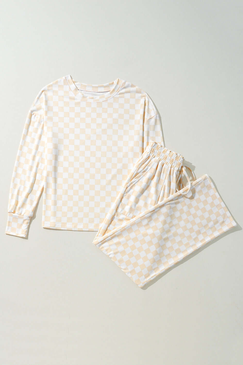Beige Checkered Print Long Sleeve Top and Pants Lounge Set - Little Miss Vanilla