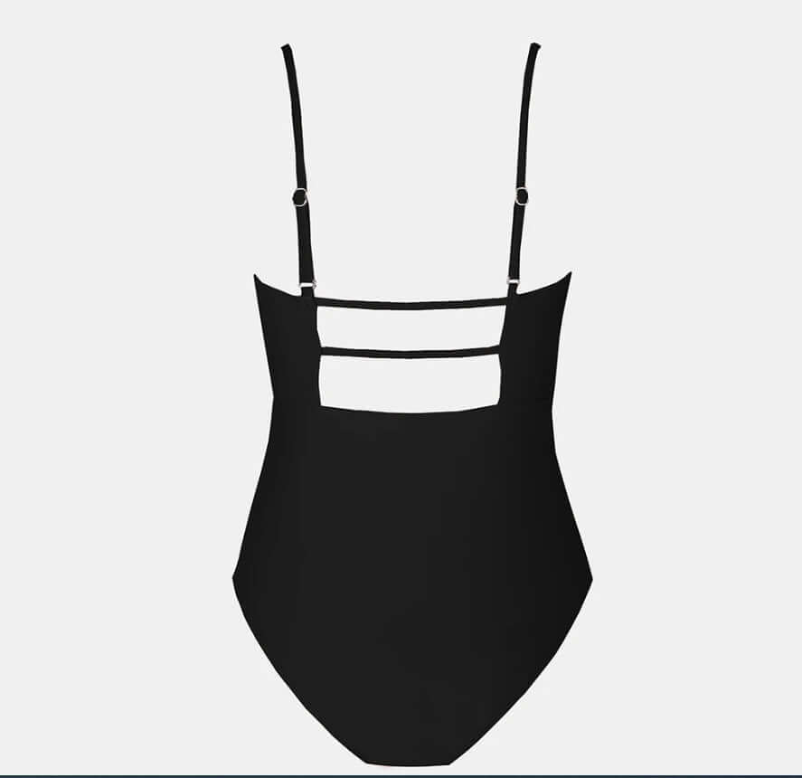 Women's black one-piece swimsuit with stylish back straps and modern design for swimming and beach wear.