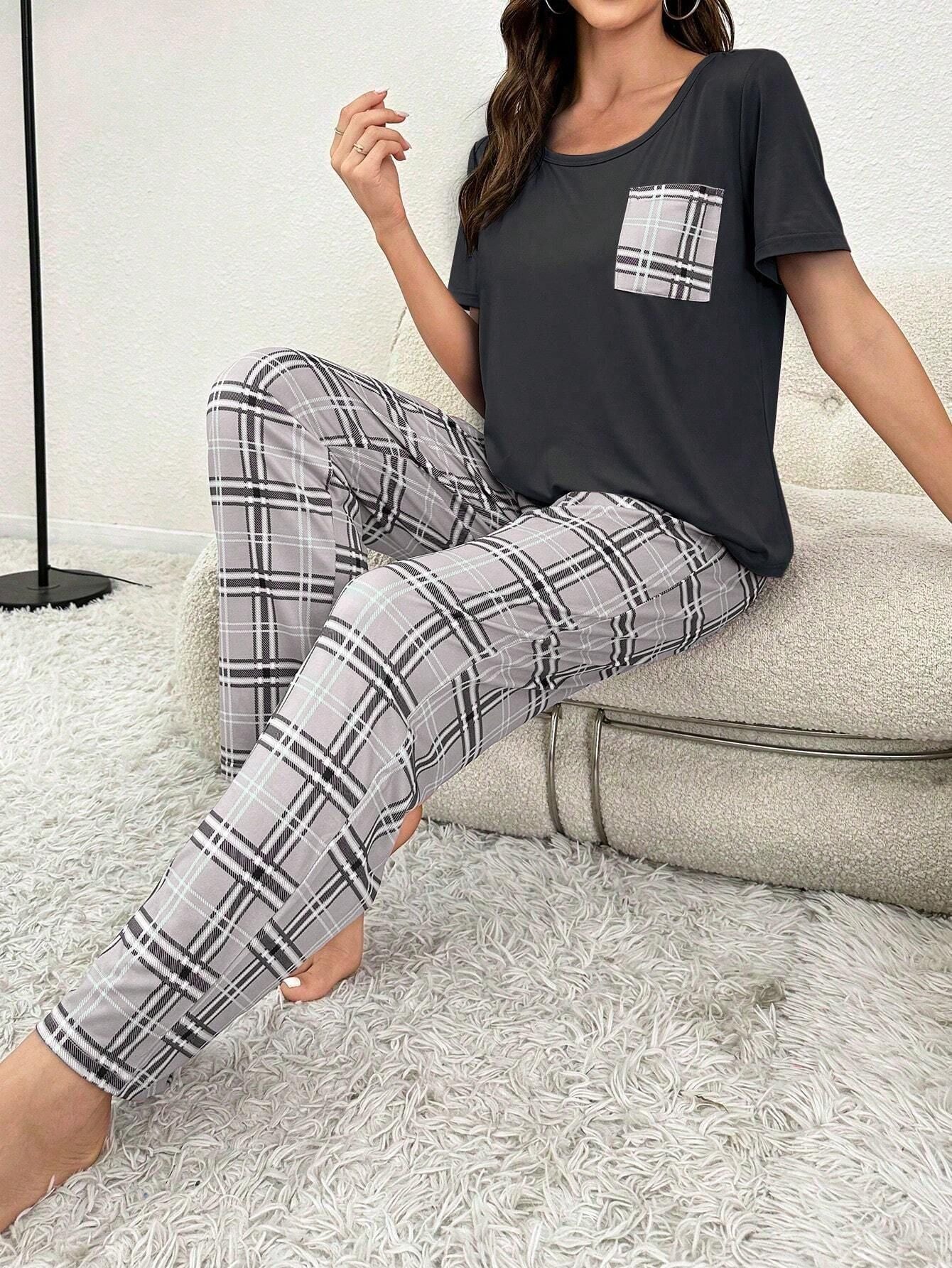 Color Blocking Plaid Trousers Pajamas