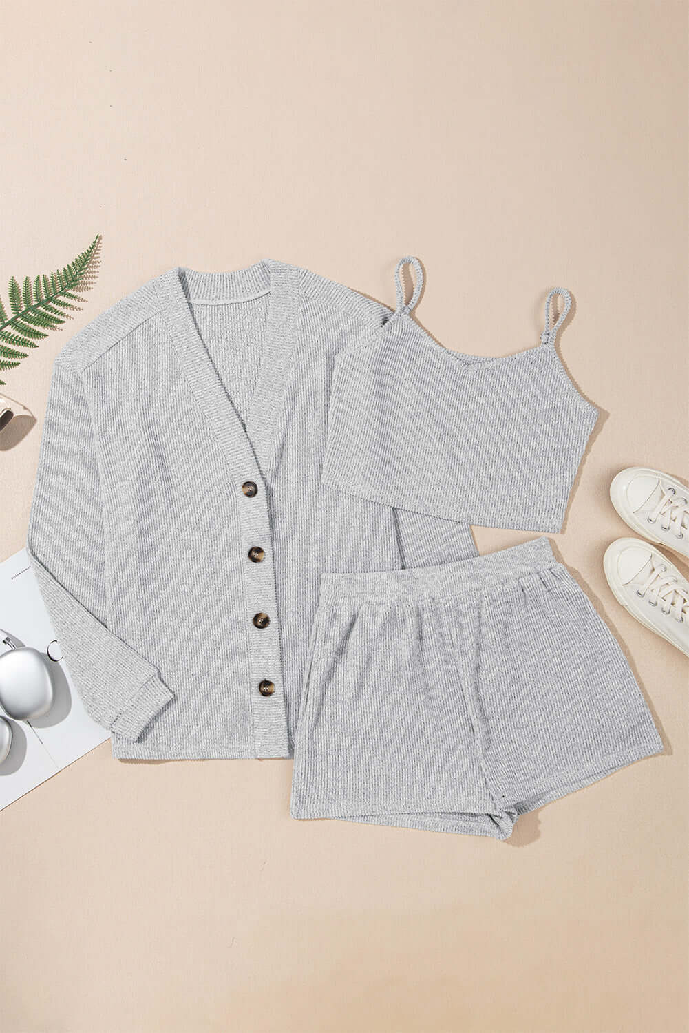 Light grey women's pajamas set featuring a cardigan, crop camisole, and matching shorts by Little Miss Vanilla Clothing UK.