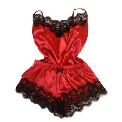 Red ice silk women's pajamas with lace trim, featuring a sleeveless top and shorts, from Little Miss Vanilla Clothing UK.