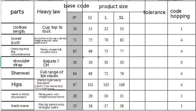 Size chart for women's clothing dimensions including bust, hips, and length measurements.