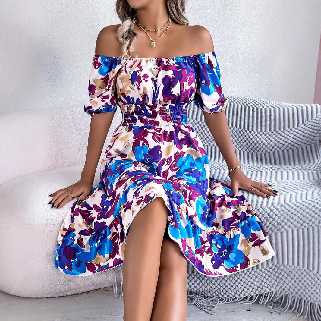 Casual floral A-line dress with off-shoulder sleeves, perfect for summer women's swimwear outfits.