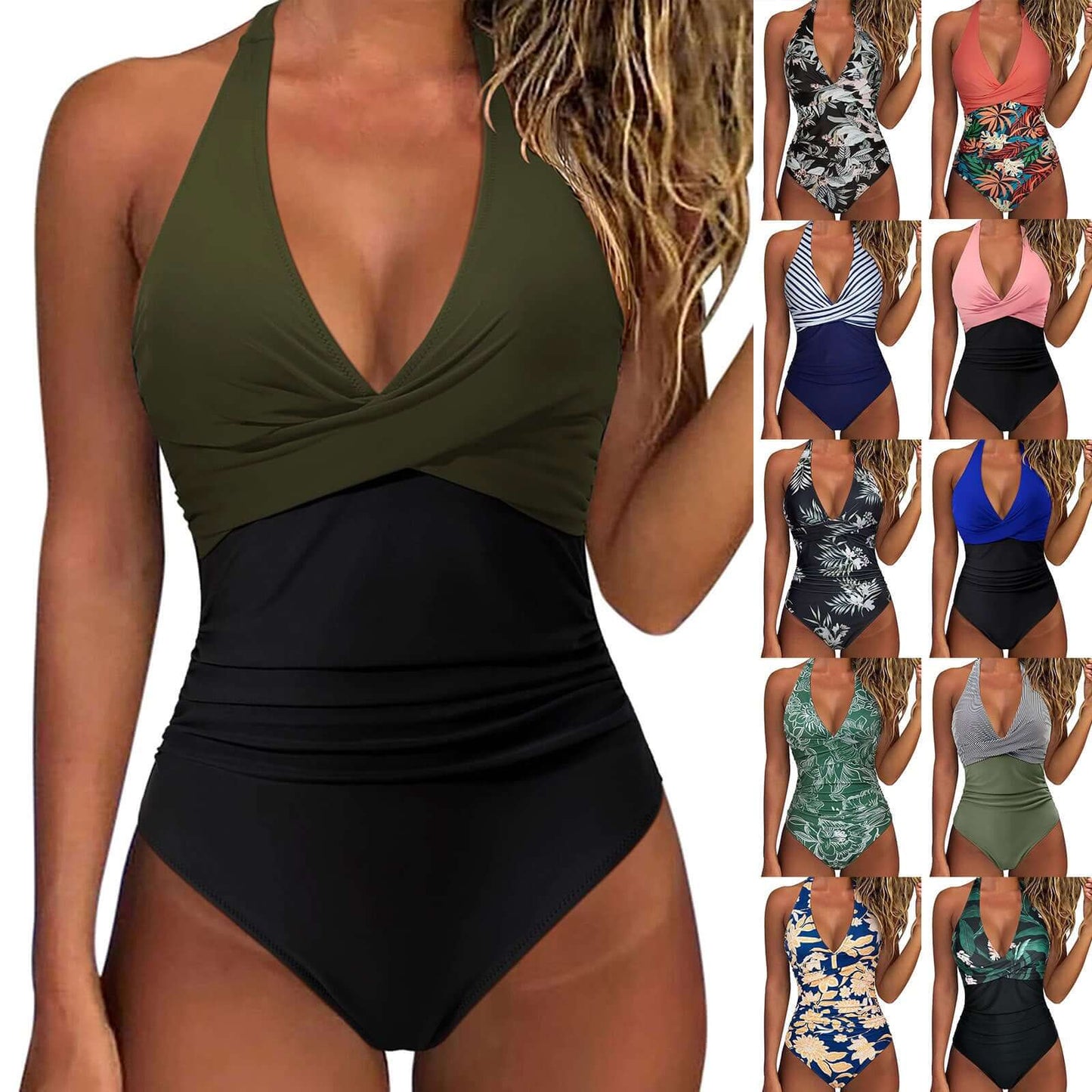 Women’s multicolor backless lace-up swimsuit, high-waisted and sexy, available in various floral and patterned styles.