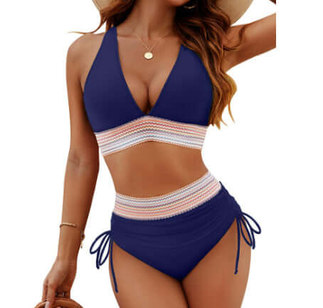 High waisted navy blue bikini set with color blocking and drawstring details, perfect for women's swimwear this summer.