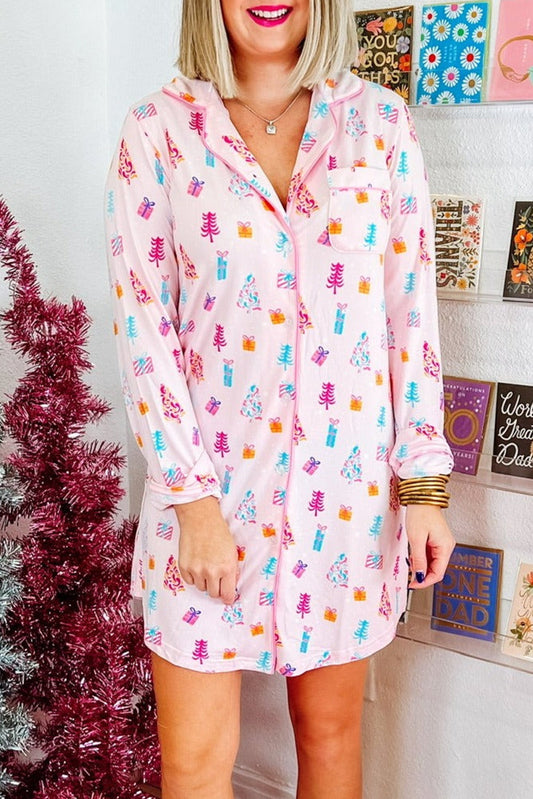 Pink Christmas Twinkle Tree Print Shirt Sleep Dress - Little Miss Vanilla