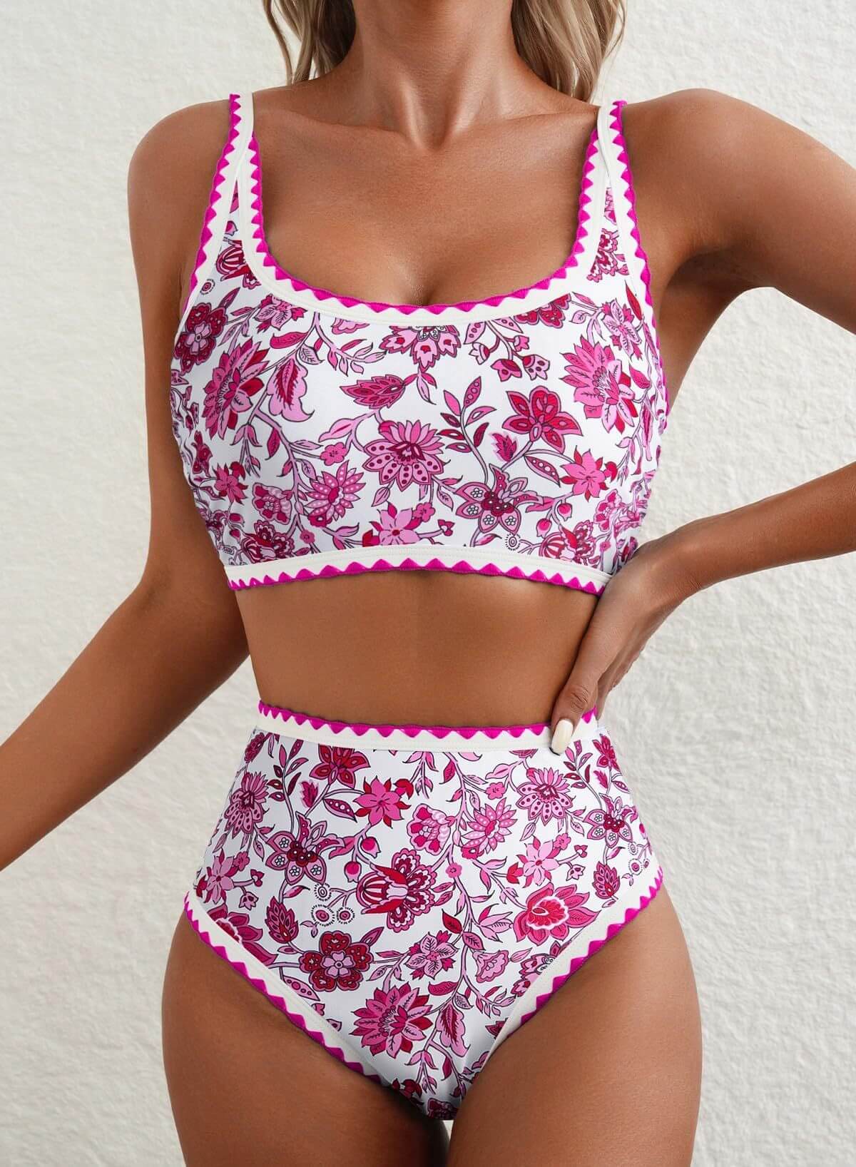 Women's sexy floral bikini swimsuit with high waist and purple detailing, perfect for pool or beach.