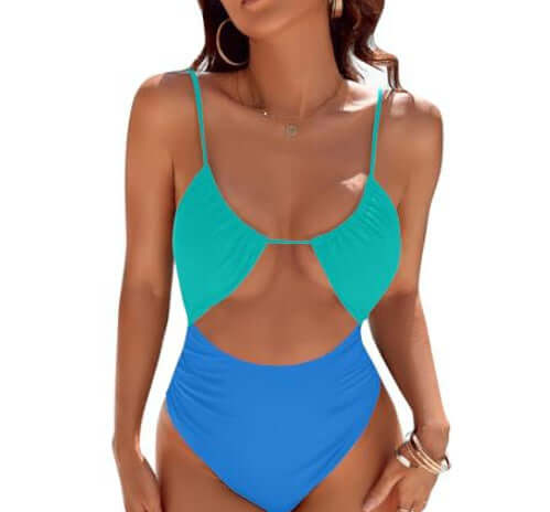 Model wearing a cute women's one-piece swimsuit in teal and blue, showcasing stylish swimwear for summer.