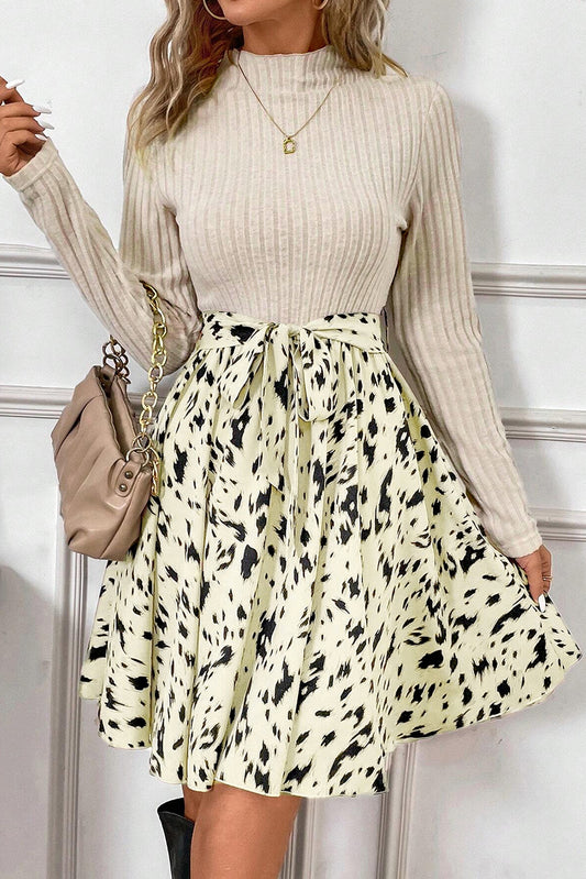 Beige Ribbed Knit Patchwork Printed Belted A-line Dress - Little Miss Vanilla