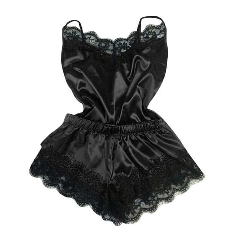 Black lace trim women's pajamas, sleek satin tube top and shorts set, perfect for stylish nighttime comfort.