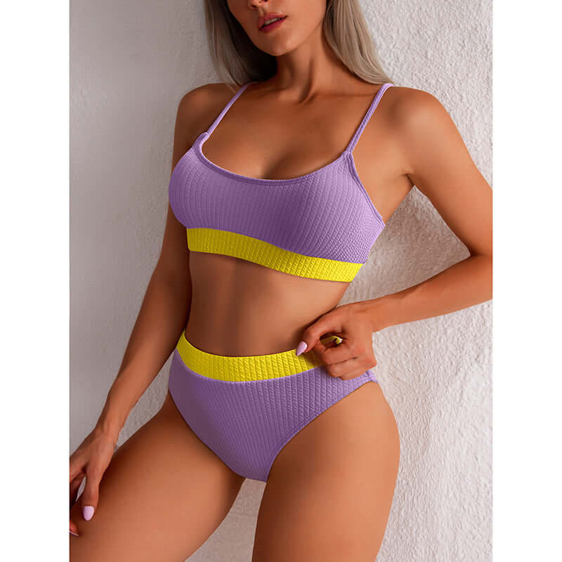 High waist bikini swimwear for women in ribbed design with purple and yellow accents, perfect for summer beach days.
