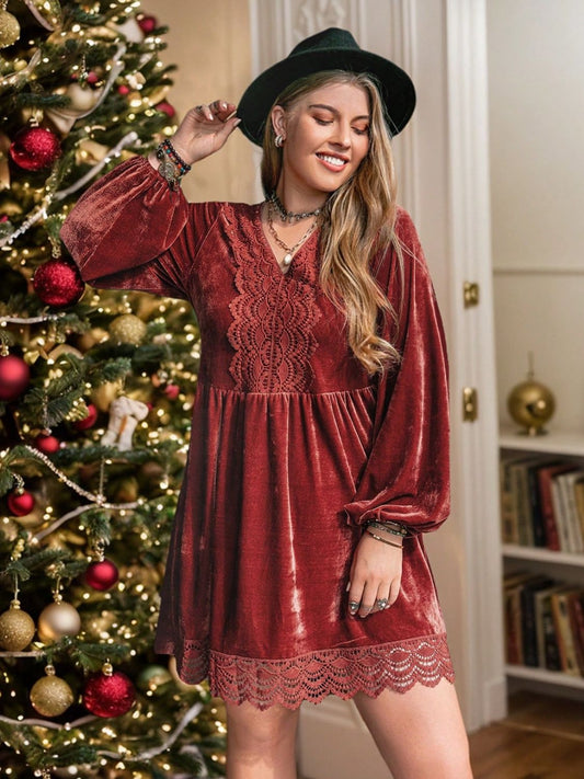 Plus Size Lace Detail V-Neck Long Sleeve Mini Dress - Little Miss Vanilla