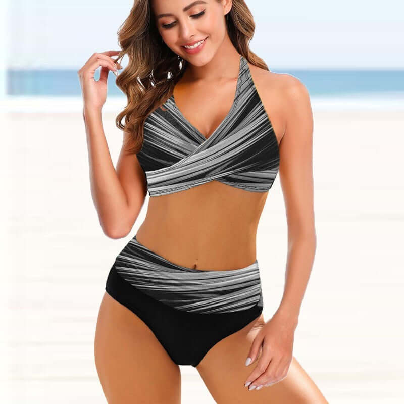 European and American ladies striped tie-dye bikini swimsuit for women's swimwear, featuring a fashionable high-waisted design.