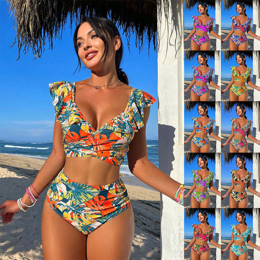 Women's two-piece ruffled halter bikini in vibrant floral patterns, perfect for swimming at the beach.