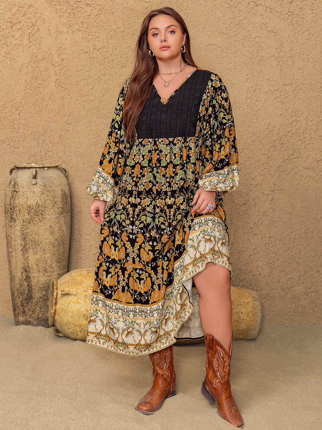 Plus Size Floral V-Neck Balloon Sleeve Midi Dress - Little Miss Vanilla