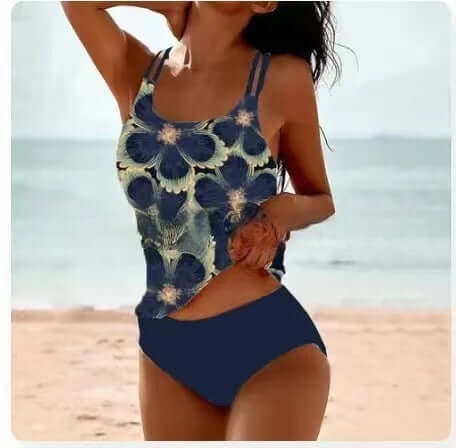 Women&#39;s retro bikini beach print swimsuit featuring a floral design and flattering high waist for summer style.