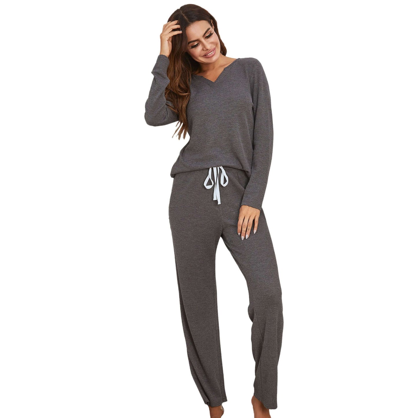 Women wearing gray waffle long sleeve pajama suit, perfect for home and outdoor casual comfort.