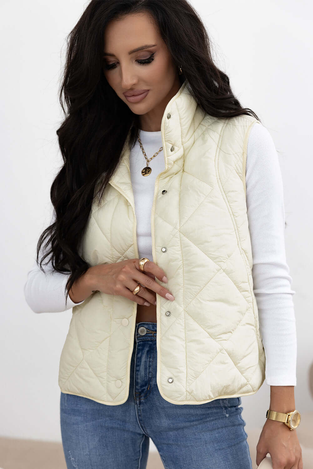 Beige Quilted High Neck Button Up Pocket Vest Coat - Little Miss Vanilla