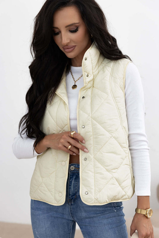 Beige Quilted High Neck Button Up Pocket Vest Coat - Little Miss Vanilla