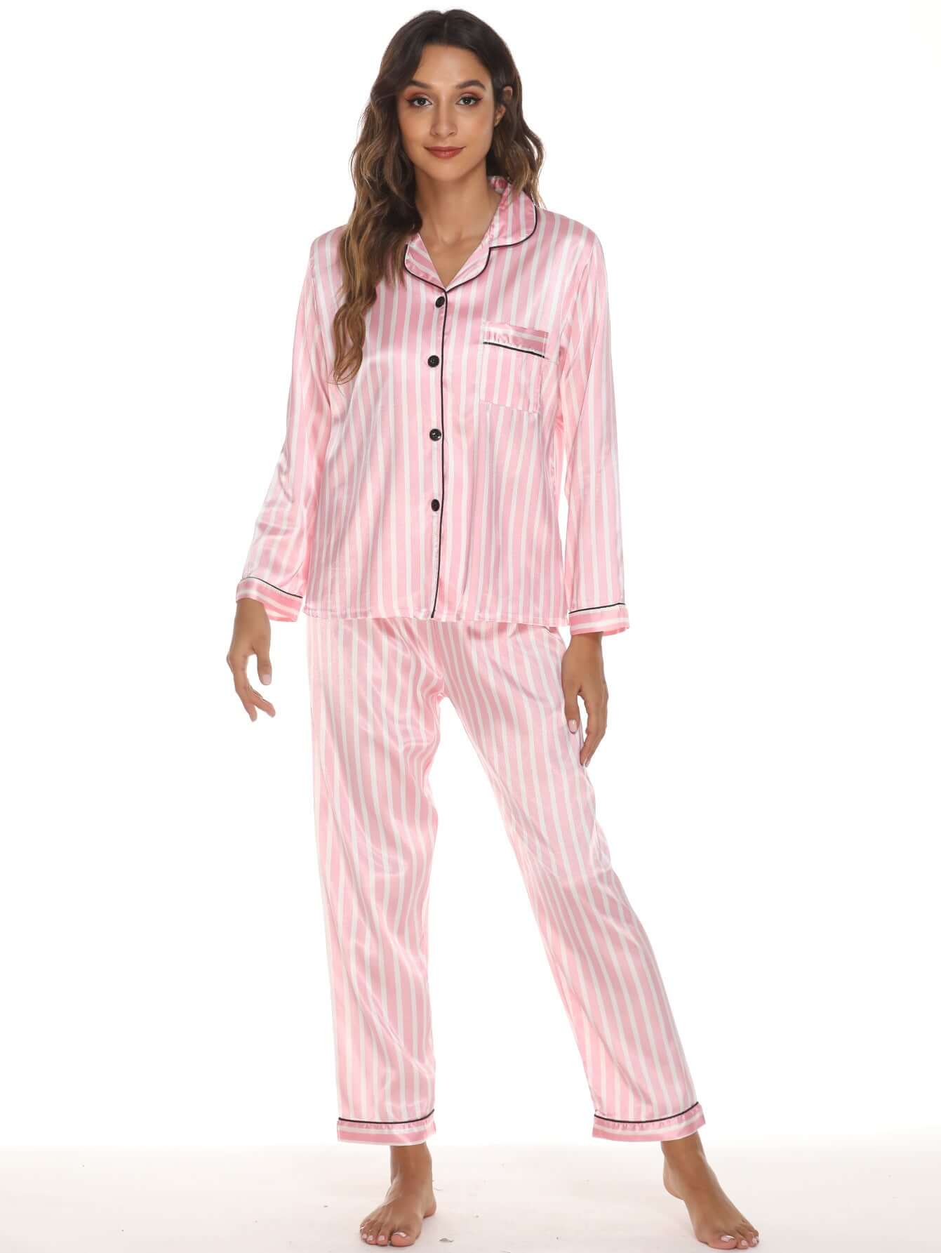Two-piece stretch satin women's pajamas in pink and white stripes, featuring lapel collar and V-neck design.