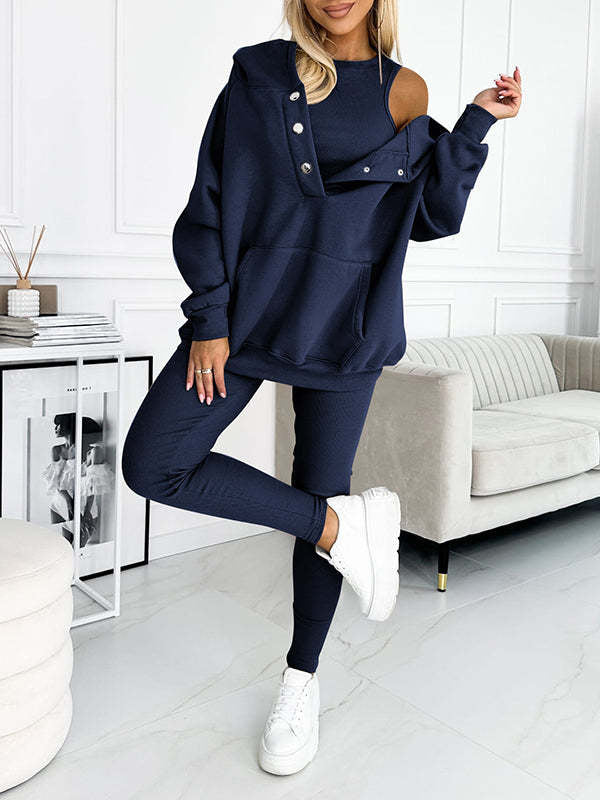 3pcs Women&#39;s Sports Suit Loose Hooded Pockets Sweatshirt And Vest And Slim Trousers