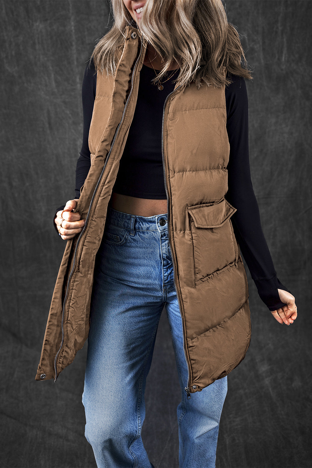 Coffee Windproof Longline Full Zipper Puffer Vest with Pockets - Little Miss Vanilla
