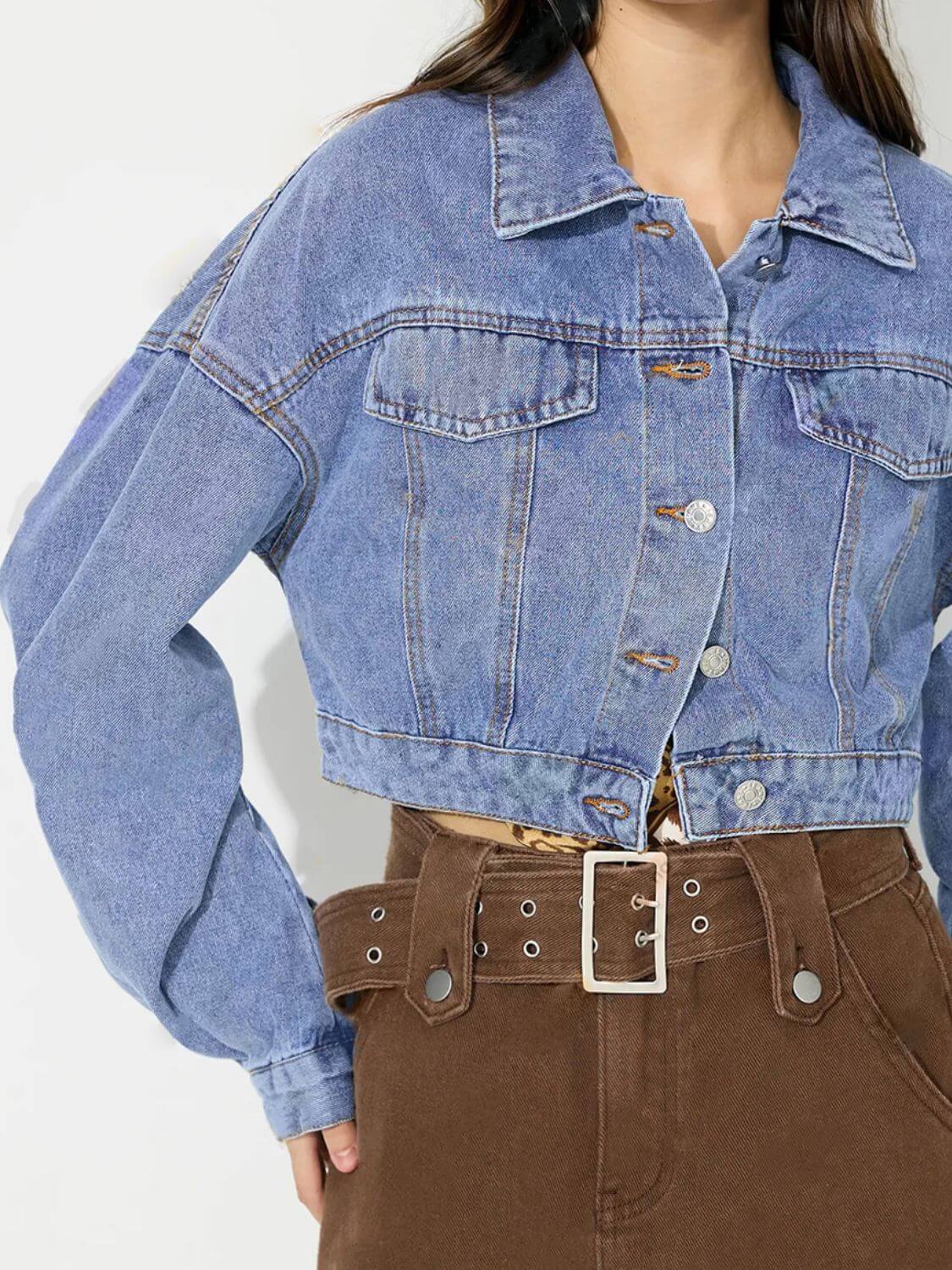 Collared Neck Dropped Shoulder Cropped Denim Top - Little Miss Vanilla