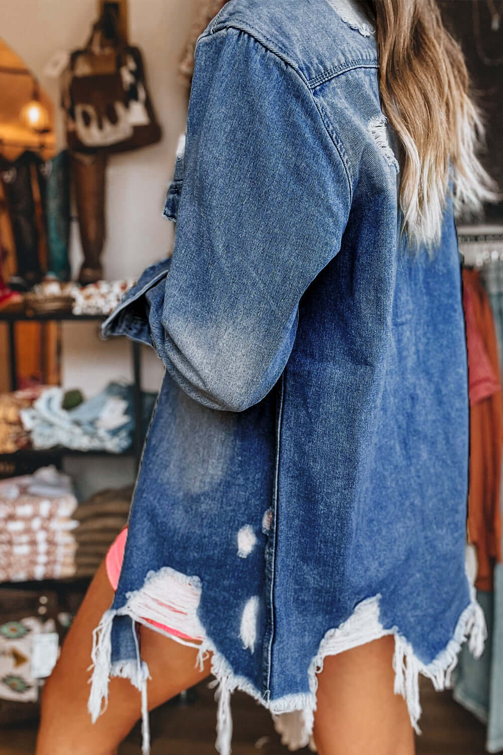 Sky Blue Light Wash Distressed Frayed Long Denim Jacket - Little Miss Vanilla