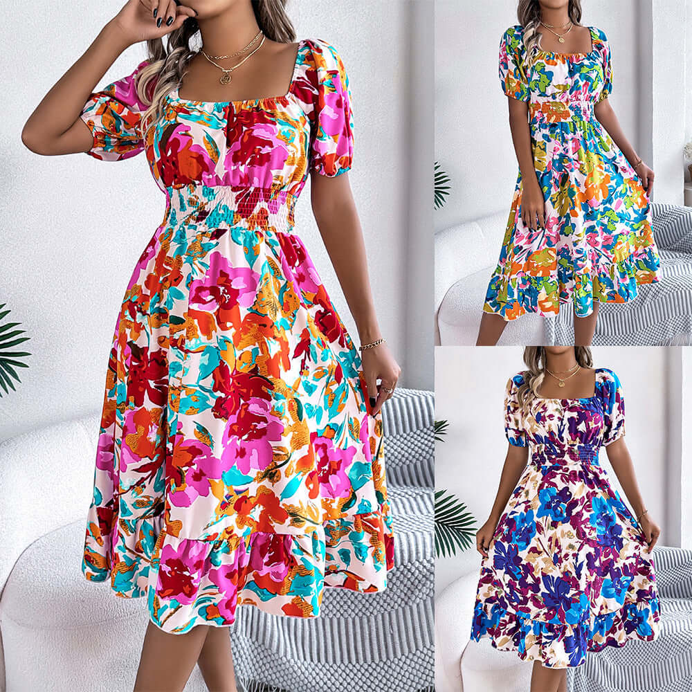 Colorful floral A-line dress with short sleeves and square collar, perfect for summer women's fashion.