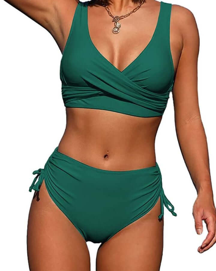 Fashion strappy bikini swimsuit for women in vibrant green, perfect for summer beach days and pool lounging.