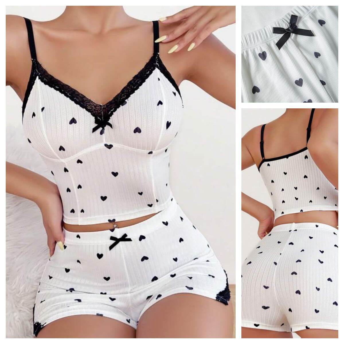 Casual women's PJs with lace spaghetti straps and heart patterns in white fabric, perfect for sleepwear.