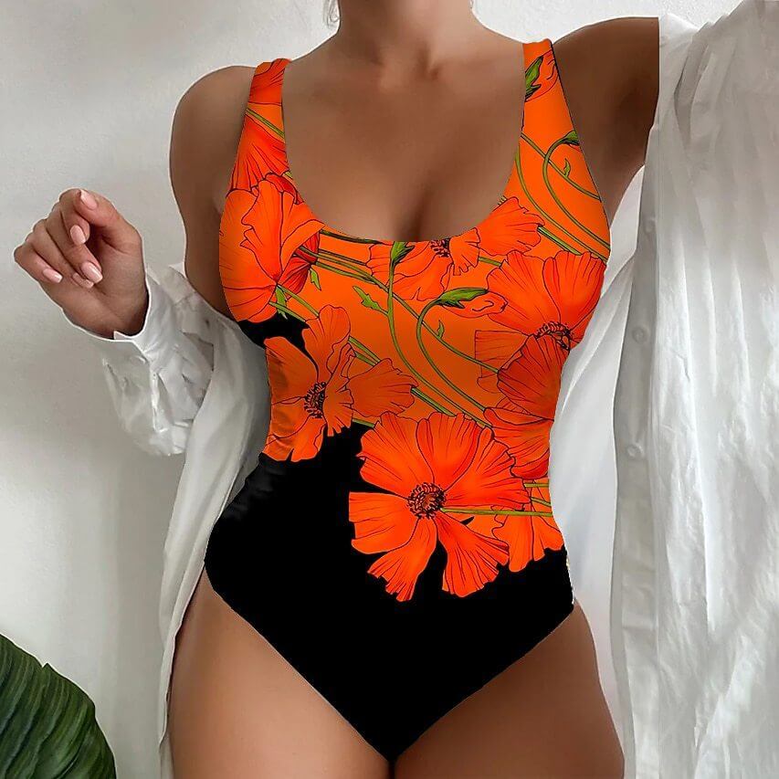 Women's 3D printed tight one-piece swimsuit in vibrant orange floral design, perfect for summer swimwear.