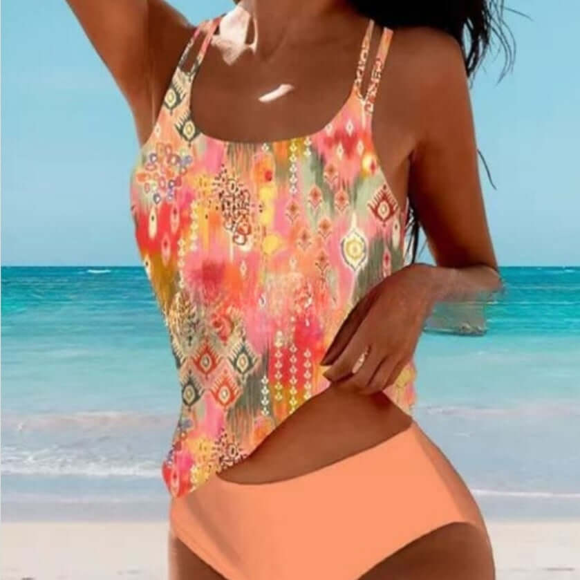 Women's swimwear featuring a colorful Retro Split High Waist Bikini with a vibrant beach print, perfect for summer.