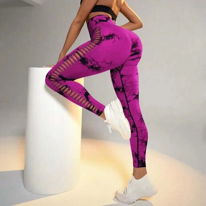 Hollow Tie Dye Printed Yoga Pants High Waist Butt Lift Seamless Sports Gym Fitness Leggings Slim Pants For Women Tight Trousers