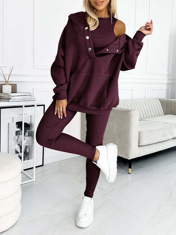 3pcs Women&#39;s Sports Suit Loose Hooded Pockets Sweatshirt And Vest And Slim Trousers