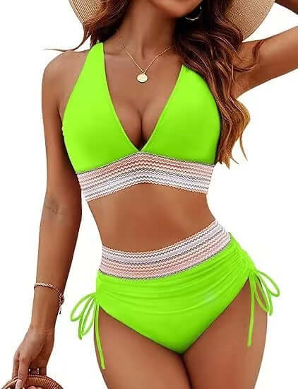 Fashion women&#39;s high waist bikini split suit in vibrant green with stylish design and solid color pattern.