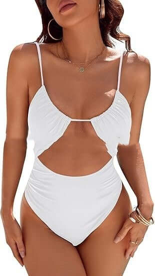 Trendy women's swimwear, white one-piece swimsuit with stylish cut-out design and adjustable straps.