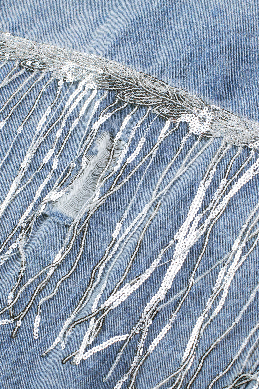 Sequin Fringe Trim Distressed Button Up Denim Jacket - Little Miss Vanilla