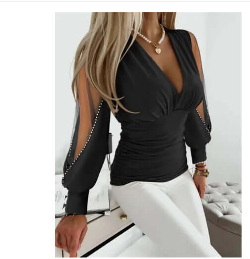 Women&#39;s Long Sleeve V-neck Lace Stitching Shirt