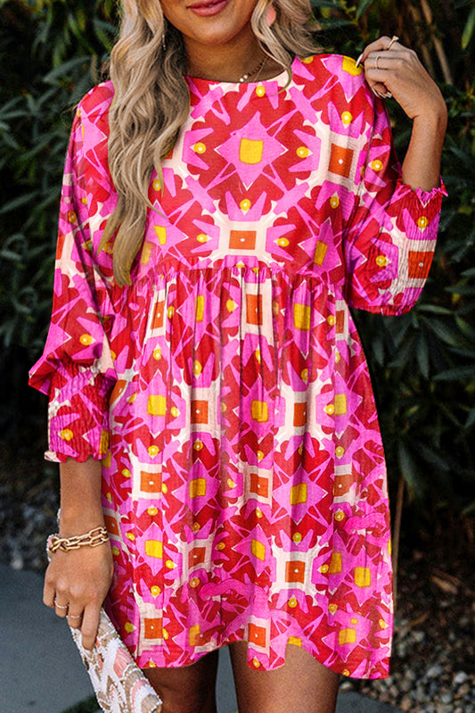 Strawberry Pink Geometric Print Smocked Long Sleeve Mini Dress - Little Miss Vanilla