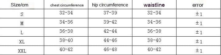 Size chart for women's swimwear including chest, hip, and waist measurements for S, M, L, XL, and XXL.