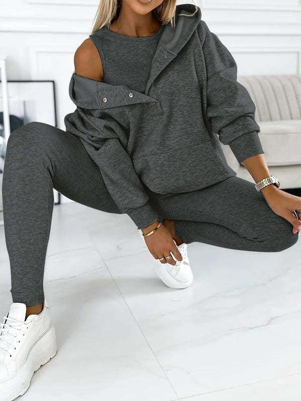 3pcs Women&#39;s Sports Suit Loose Hooded Pockets Sweatshirt And Vest And Slim Trousers