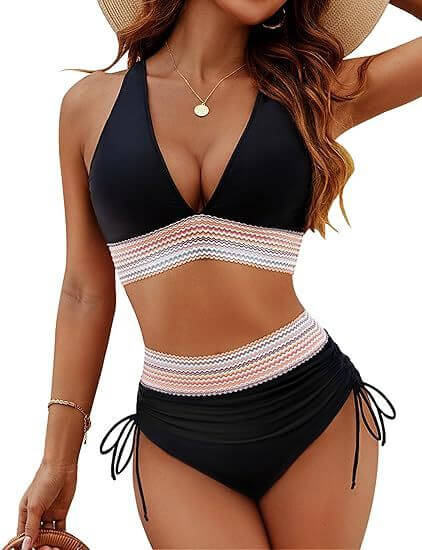 Fashion women's high waist bikini split suit in black with stylish detailing, perfect for summer swimwear.