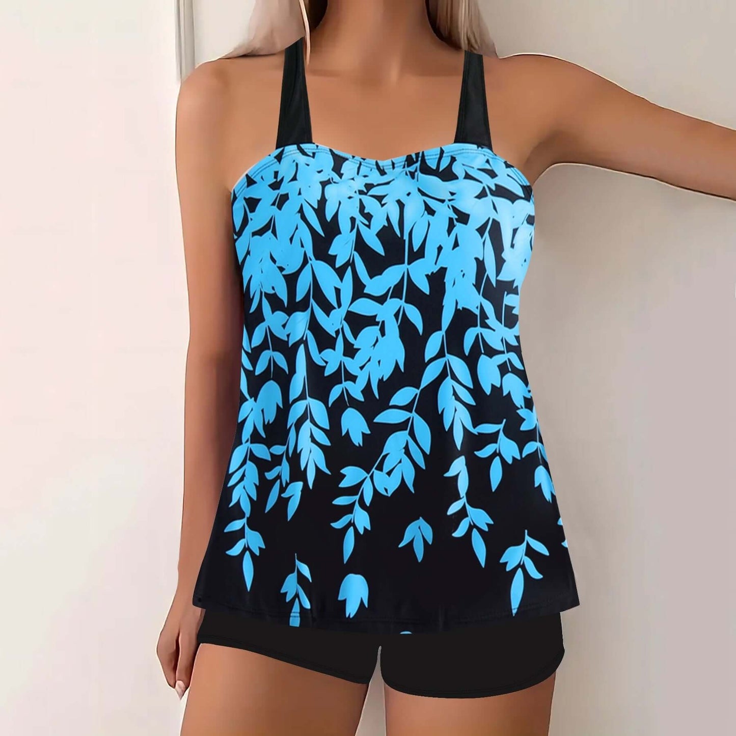 Split Leaf Print Bikini Swimsuit Plus Size in blue and black for women's swimwear, ideal for summer outings.