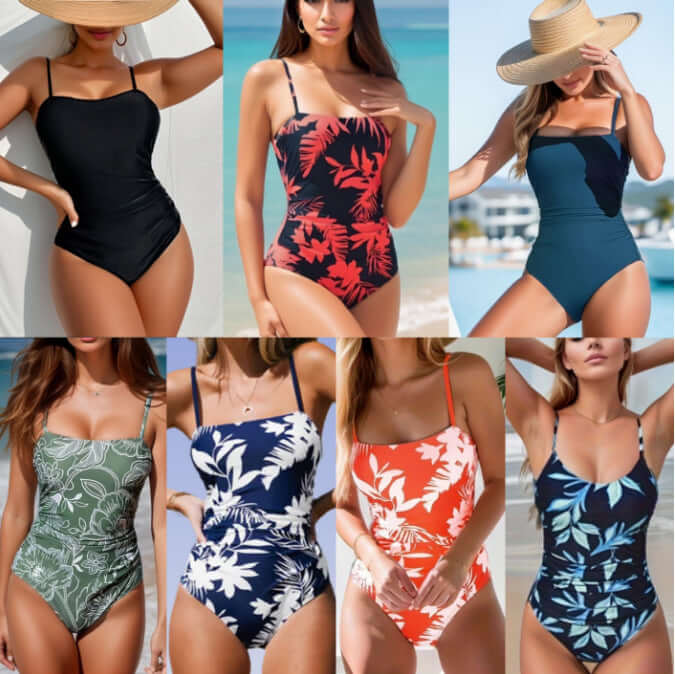 Collage of women's printed one-piece swimsuits in various colors and floral patterns, ideal for swimming and wading.