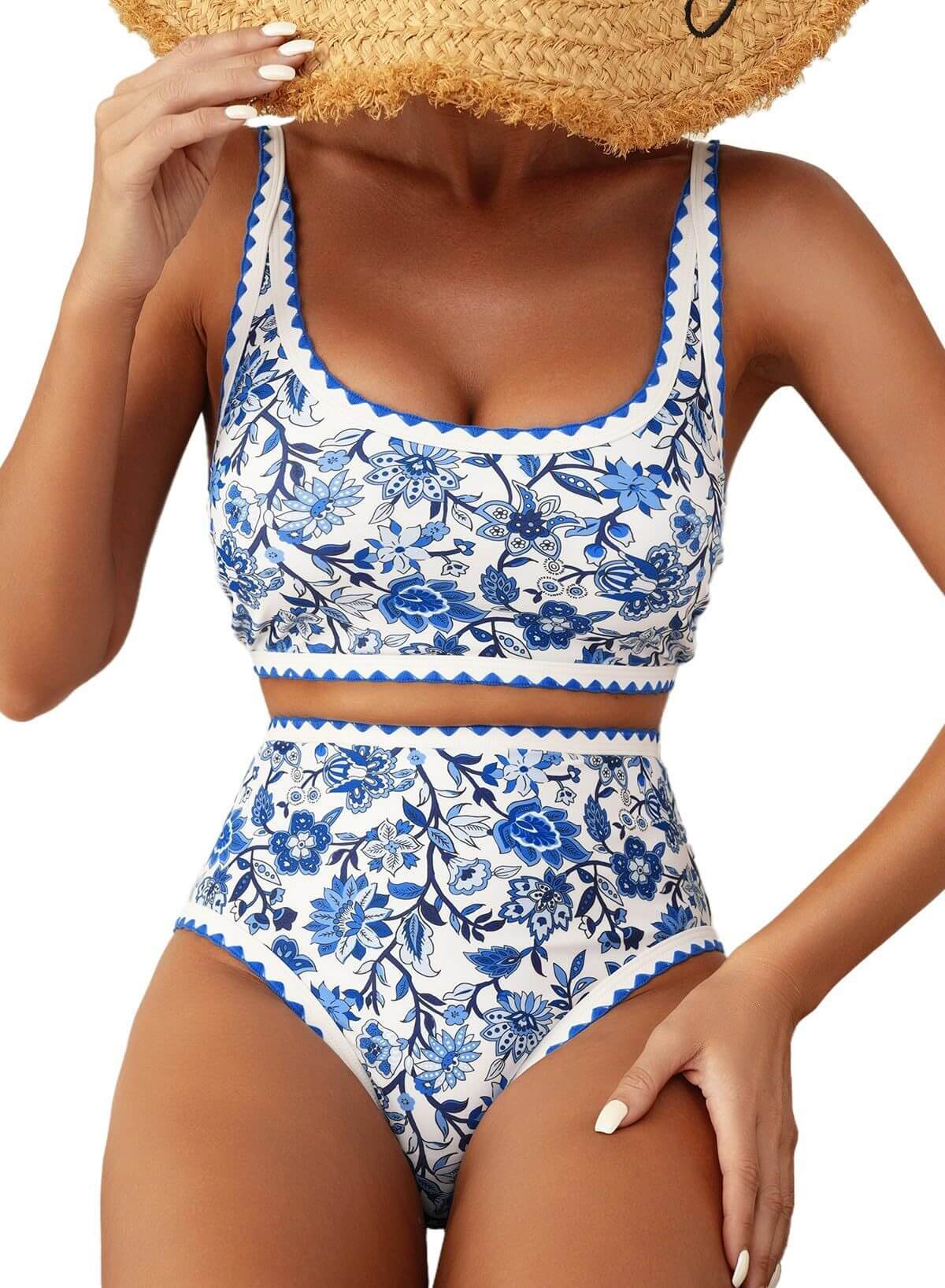 Women's floral paisley pattern bikini swimsuit in blue and white, perfect for summer swim and beach wear.