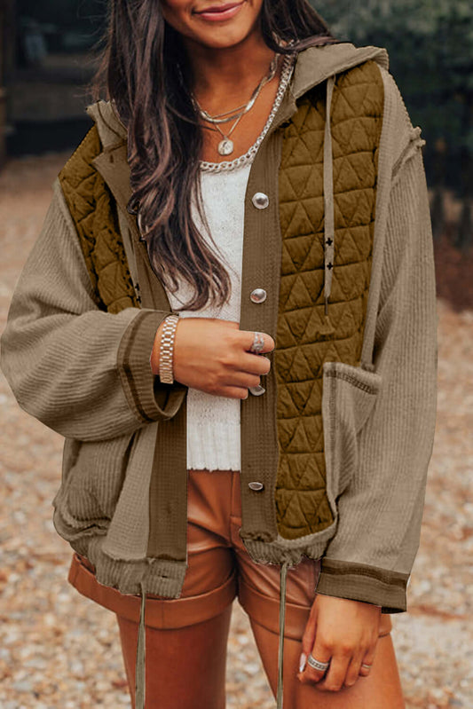 Jungle Green Quilted Textured Patchwork Loose Fit Hooded Jacket - Little Miss Vanilla
