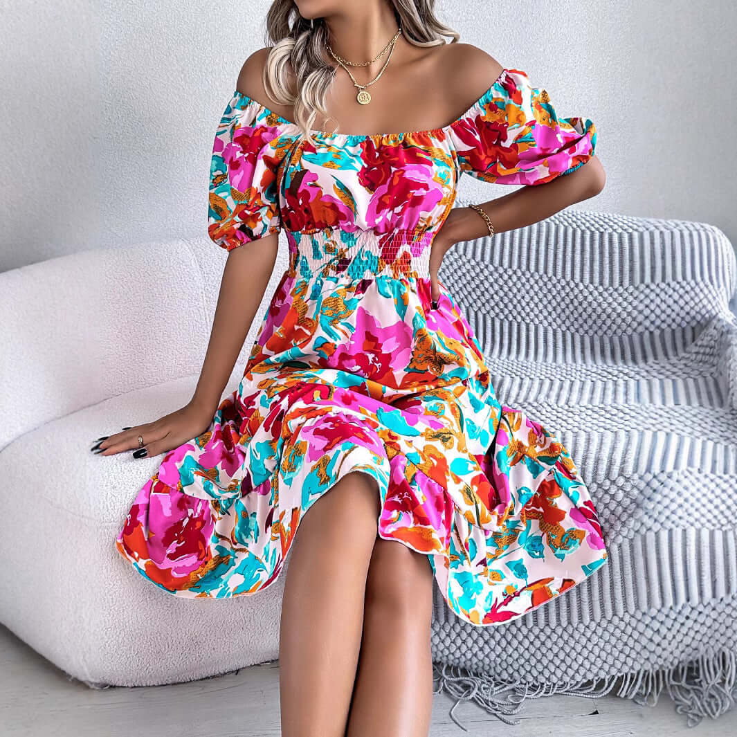 Casual floral A-line dress with short sleeves, perfect for summer women's fashion and swimwear styles.