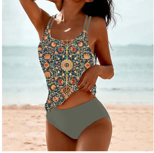 Vintage printed split high waist women's swimwear with backless design, perfect for summer beach outings.